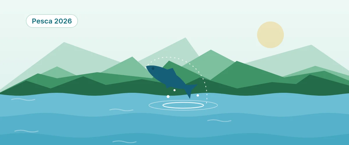 Pez saltando en un embalse rodeado de montañas, ilustración de la licencia interautonómica de pesca 2026
